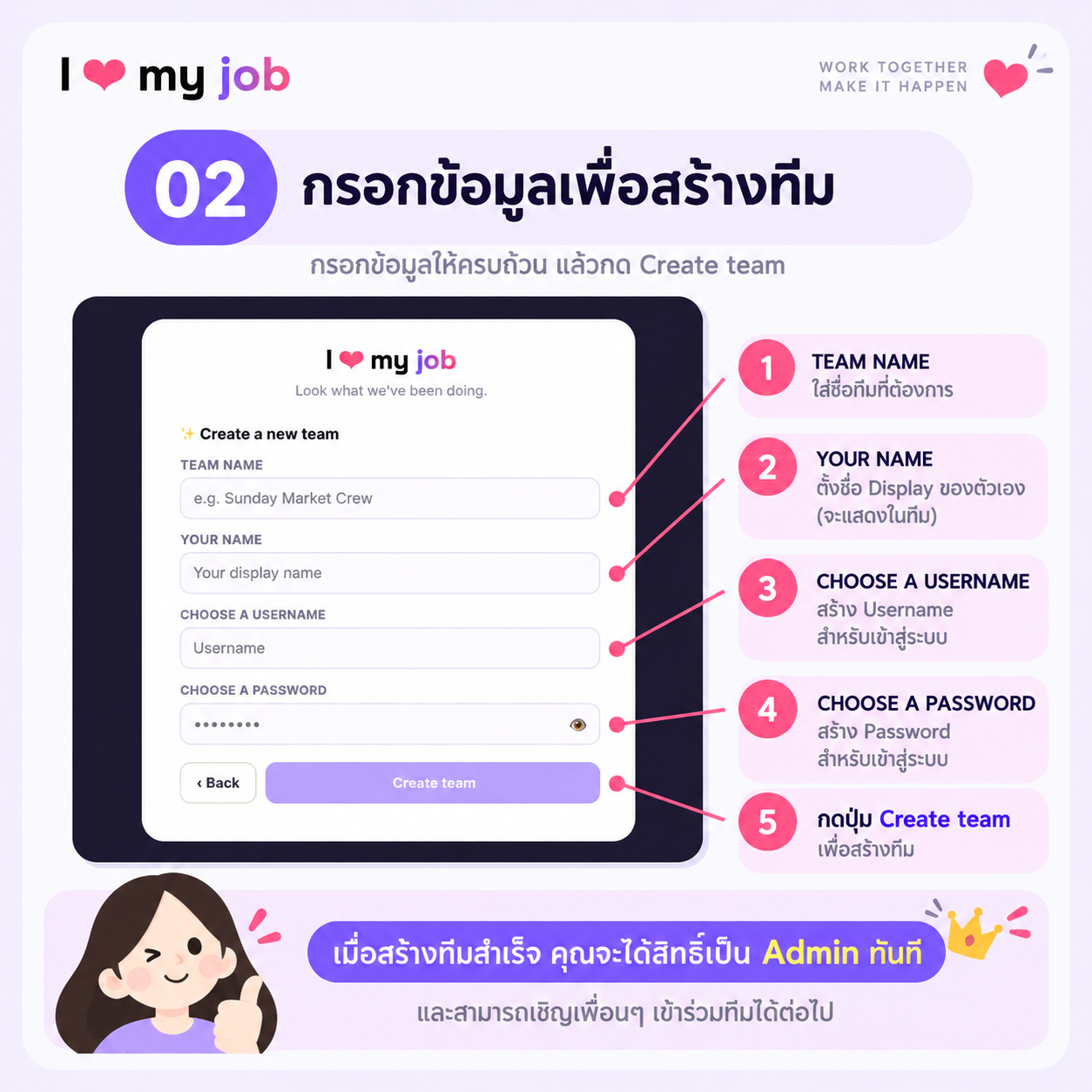 ขั้นตอนที่ 02 — กรอกข้อมูลเพื่อสร้างทีม
